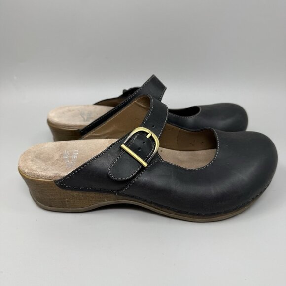 Dansko Martina Leather Mary Jane Mule Clogs Size Eu 41 US 10 Black Slip On - Picture 1 of 7